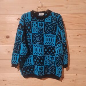 Women"s Geometric Patterned Blue and Black Sweater Size M 22x28 Made In The USA